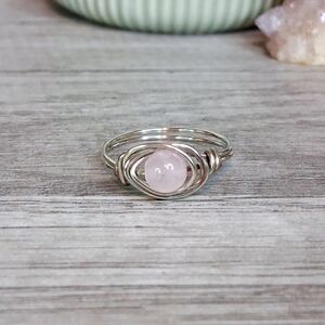 Rose Quartz Crystal Wire Wrapped Ring, Silver Size 7 Boho Chic Dainty Minimalist